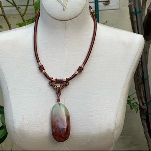 Necklace Pendant Cabachon Agate Moss Green Dark Red Ethnic Boho Chic